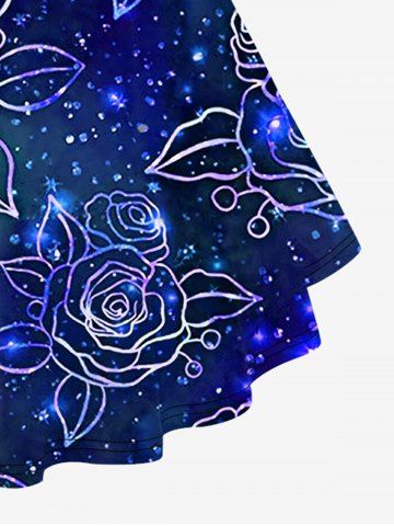 Plus Size Crisscross Light Beam Floral Printed V-Neck Short-Sleeved T-Shirt and 3D Light Beam Flower Colorblocks Printed Flare Pants Outfit