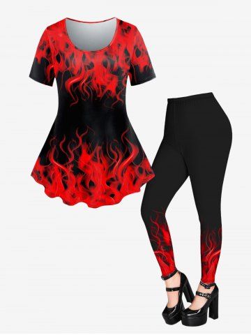Gothic 3D Flame Printed Short Sleeve T-Shirt and Jeggings Outfit - RED