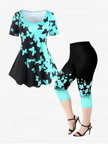 Camiseta de Talla Extra con Estampado de Mariposa de Bloqueo de Color y Leggings - MULTI