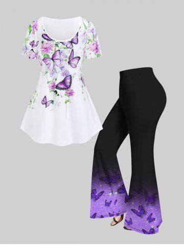 Floral Butterfly Printed Tee and Pull On Flare Pants Plus Size Summer Outfit - WHITE