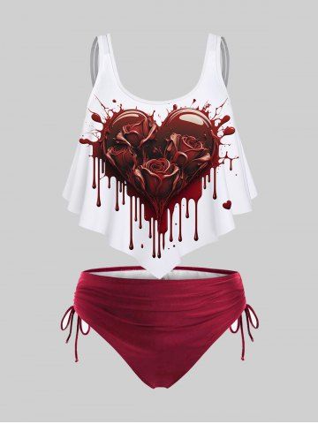 3D Heart Rose Print Tankini Top And Plus Size Bikini Bottoms Outfit