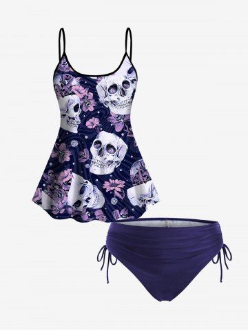3D Skull Floral Printed Backless Spaghetti Strap Tankini Top And Plus Size Cinched Ruched Full Coverage Bikini Bottoms Gothic Outfit