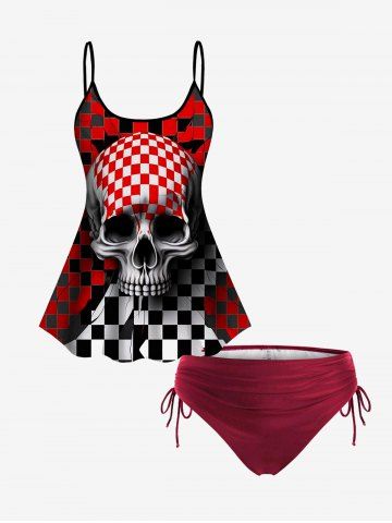 3D Spaghetti Strap Skull Red Black White Checkered Print Tankini Top And Plus Size Bikini Bottoms Outfit