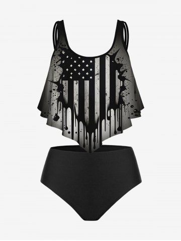 Distressed American Flag Print Flounce Bikini Top And Plus Size Solid Full Coverage Briefs Swim Bottom - BLACK