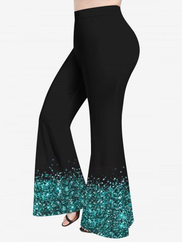 Plus Size 3D Sparkling Sequin Print Flare Pants - GREEN - 5X | US 30-32