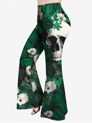 Pantalones Acampanados de Flores de Cráneo de Estampado de Hojas de Flores - GREEN - L | US 12
