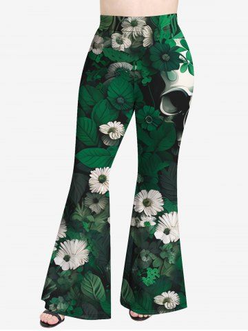 Gothic Skull Flower Leaves Print Flare Pants