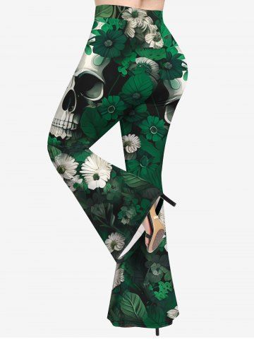 Gothic Skull Flower Leaves Print Flare Pants