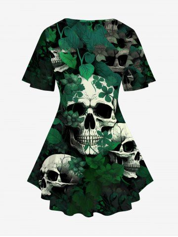 Gothic Skull Leaves Print Crisscross V Neck Short Sleeve T-Shirt