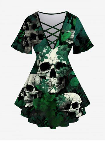 Gothic Skull Leaves Print Crisscross V Neck Short Sleeve T-Shirt - GREEN - 1X | US 14-16