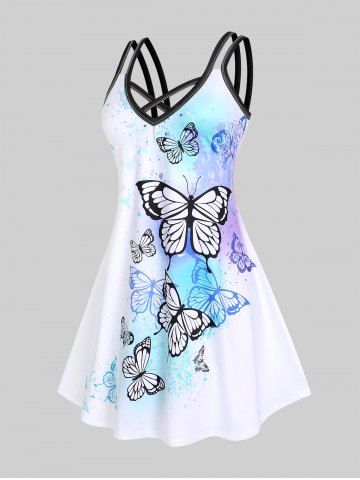 Plus Size & Curve Crisscross Butterfly Print Sundress - WHITE - 2X | US 18-20