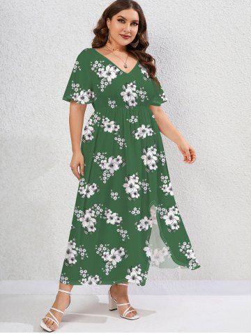 Vestido Talla Extra Cuello V Estampado Floral - GREEN - 5X | US 30-32