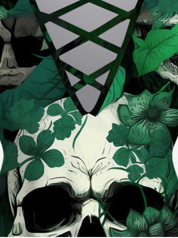 Gothic Skull Leaves Print Crisscross V Neck Short Sleeve T-Shirt