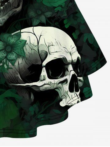 Gothic Skull Leaves Print Crisscross V Neck Short Sleeve T-Shirt