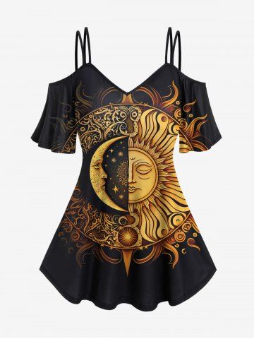 Gothic Sun Moon Print Cold Shoulder Tee - BLACK - 3X | US 22-24