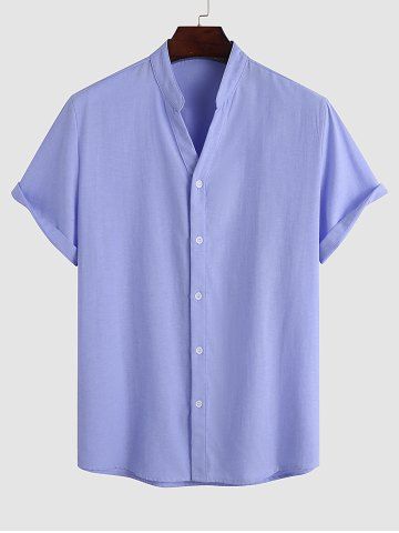 Plain Color V Neck Casual Short Sleeves Shirt - BLUE - XL