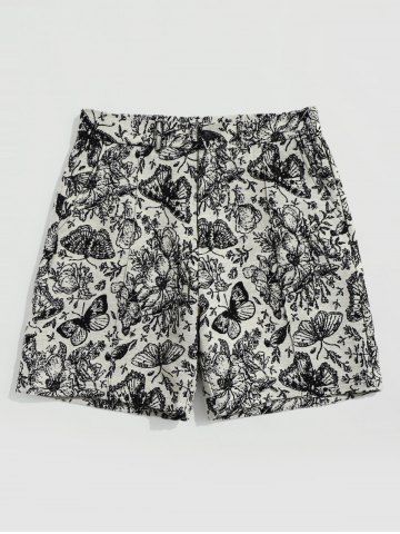 Butterfly Floral Print Jacquard Shorts - WHITE - XL