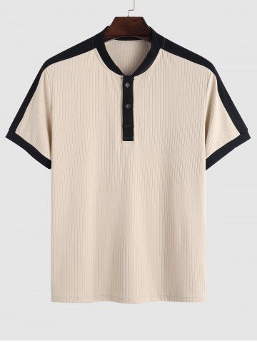 Ribbed Color Spliced Quarter Button Short Sleeves T-shirt