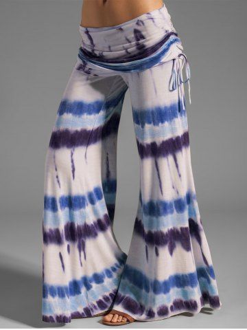 Tie Dye Print Cinched Foldover Elastic Waist Wide Leg Pants - BLUE - XXXXL