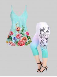 Bloom Flower Butterfly Print Cami Top and Leggings Plus Size Summer Outfit -  