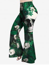Gothic Skull Flower Leaves Print Flare Pants -  