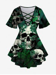 Gothic Skull Leaves Print Crisscross V Neck Short Sleeve T-Shirt -  