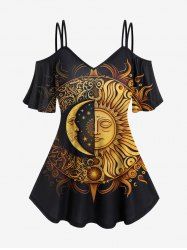 Gothic Sun Moon Print Cold Shoulder Tee -  