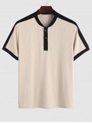 Ribbed Color Spliced Quarter Button Short Sleeves T-shirt -  