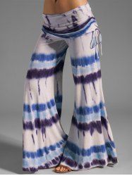 Tie Dye Print Cinched Foldover Elastic Waist Wide Leg Pants -  