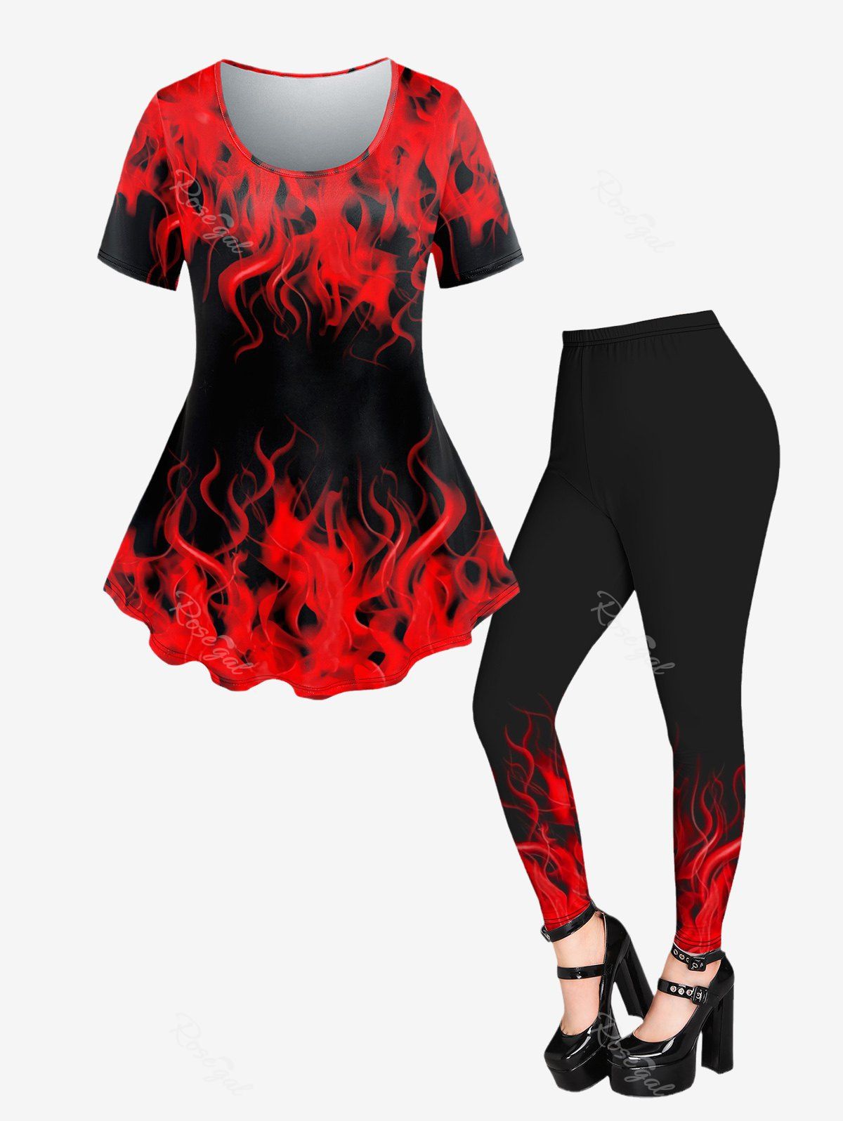 Buy Gothic 3D Flame Printed Short Sleeve T-Shirt and Jeggings Outfit  