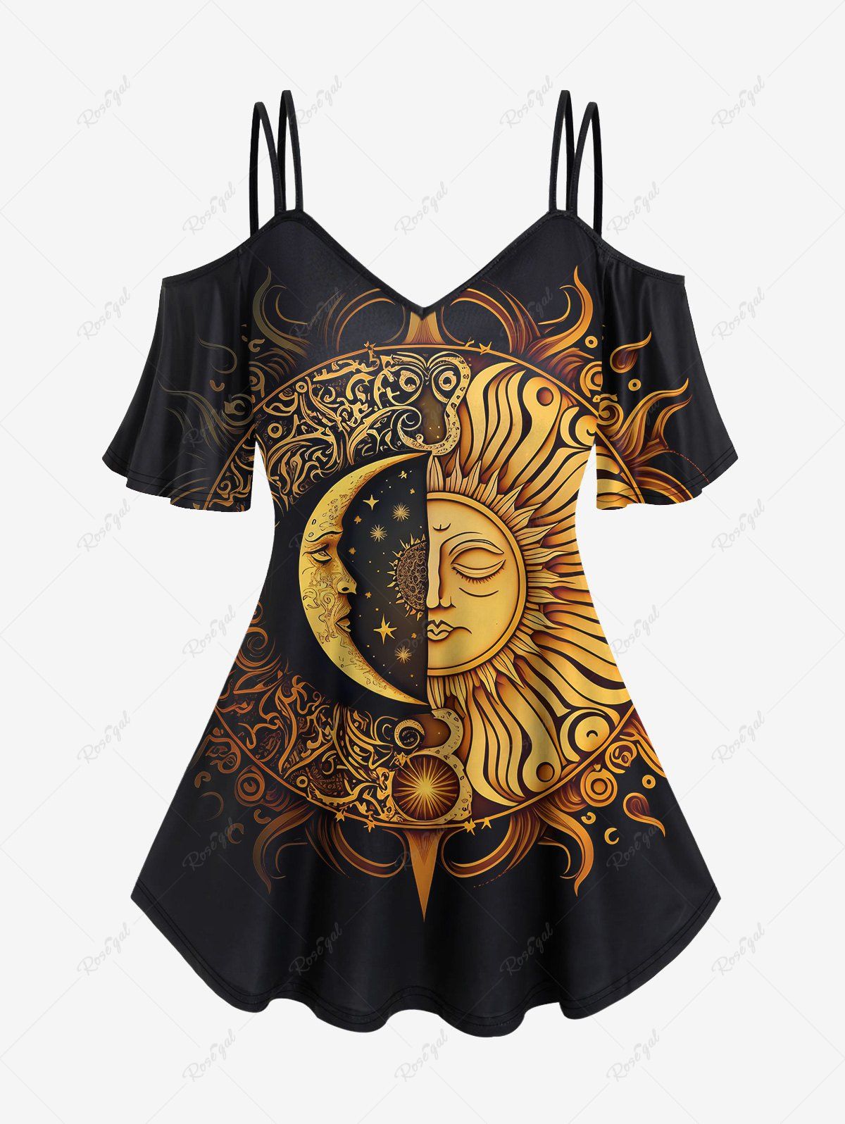 Trendy Gothic Sun Moon Print Cold Shoulder Tee  