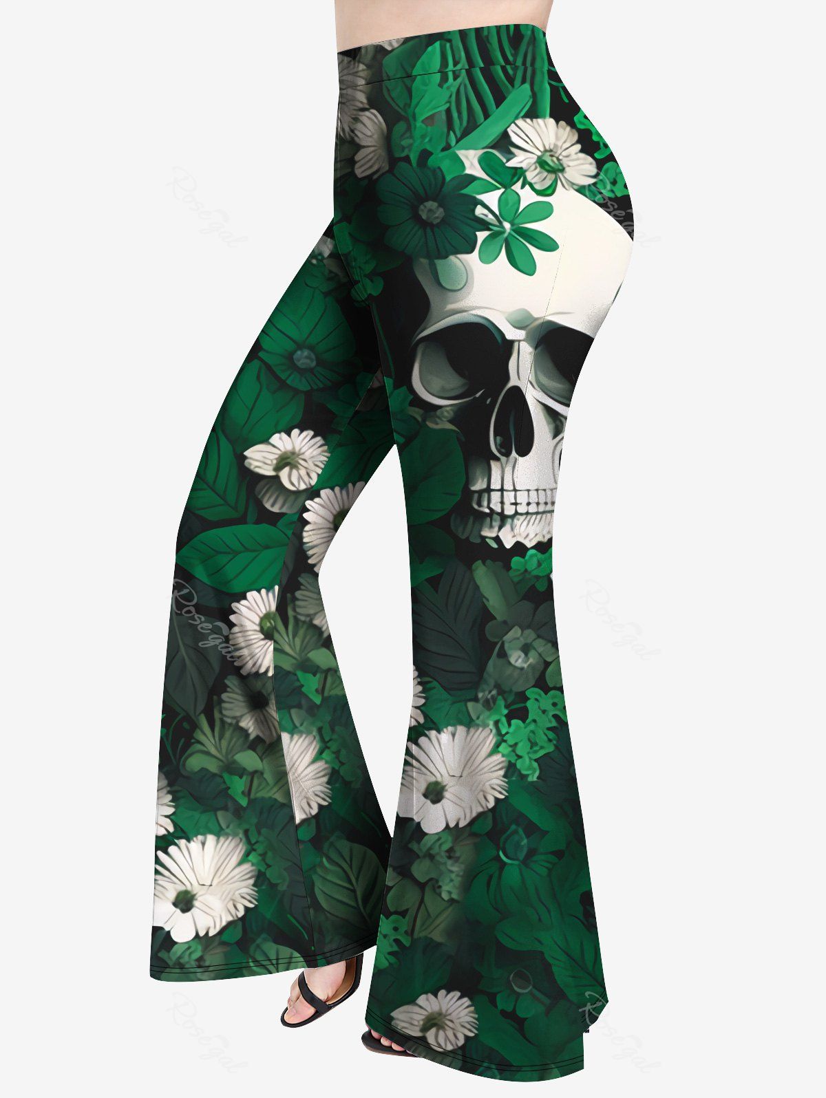 Outfits Gothic Skull Flower Leaves Print Flare Pants  