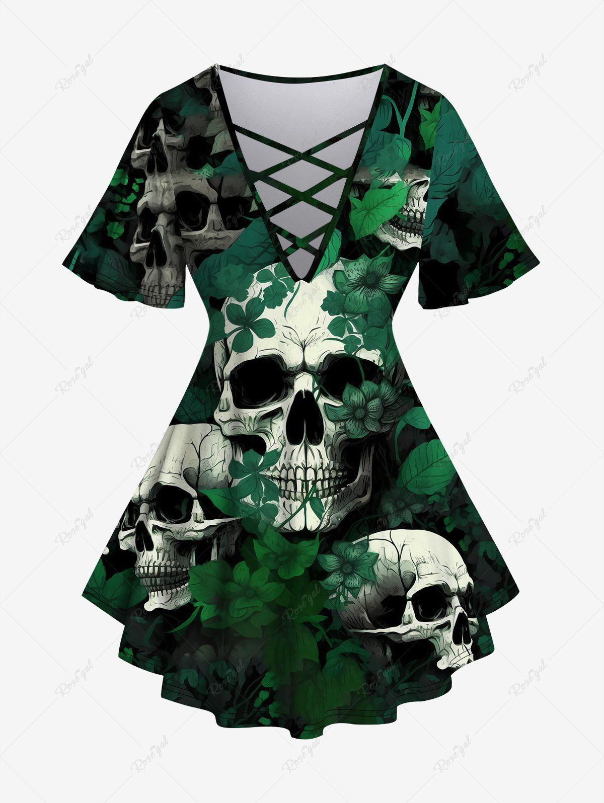 Fancy Gothic Skull Leaves Print Crisscross V Neck Short Sleeve T-Shirt  