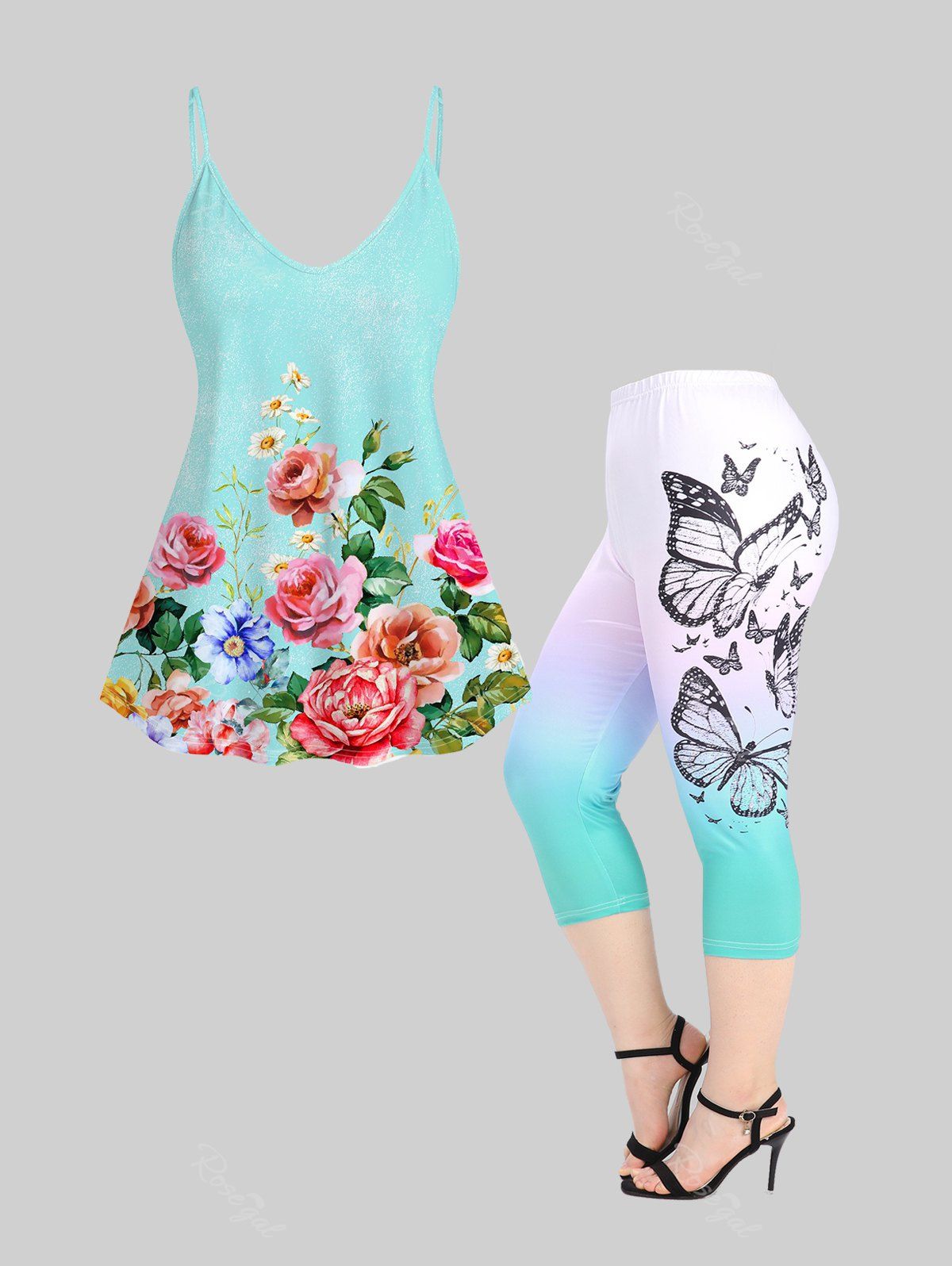 Fancy Bloom Flower Butterfly Print Cami Top and Leggings Plus Size Summer Outfit  