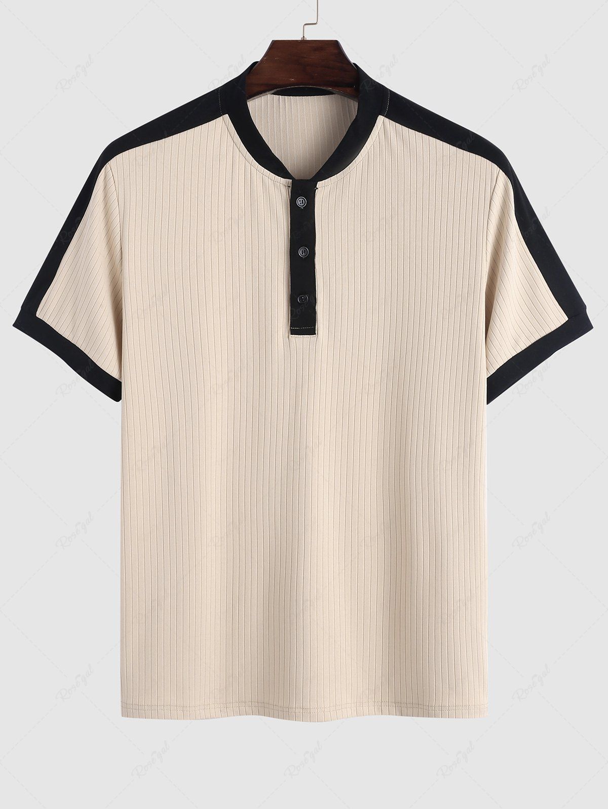 Discount Ribbed Color Spliced Quarter Button Short Sleeves T-shirt  