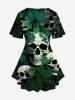 Gothic Skull Leaves Print Crisscross V Neck Short Sleeve T-Shirt -  