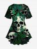 T-shirt Gothique Croisé Crâne Feuille Imprimée Manches Courtes à Col V - Vert 4X | US 26-28