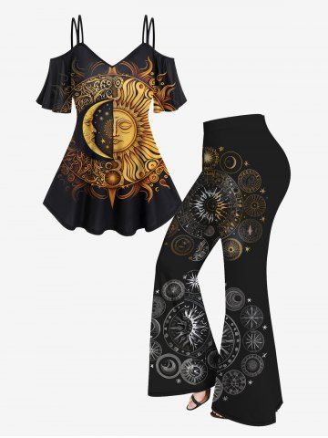 Sun Moon Print Cold Shoulder Tee And 3D Sun Moon Star Glitter Print Flare Pants Gothic Outfit