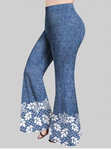 Pantalon Evasé Fleur Feuille Imprimée de Grande Taille en Denim - BLUE - 5X | US 30-32