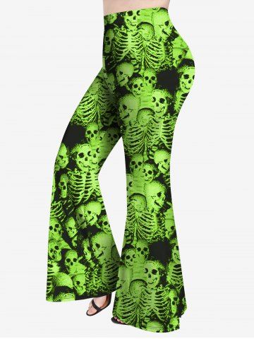 Gothic Skulls Print Flare Pants - GREEN - L | US 12
