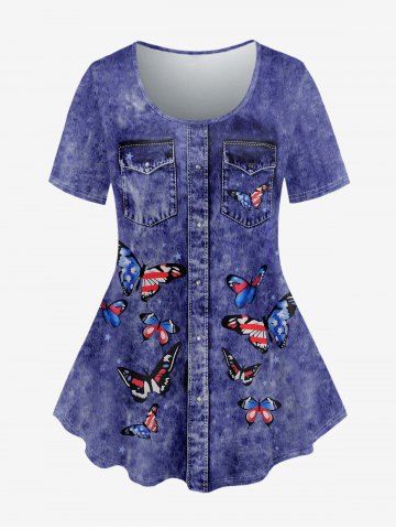 Plus Size 3D Butterfly American Flag Pockets Buttons Denim Print Short Sleeve T-Shirt - BLUE - 1X | US 14-16
