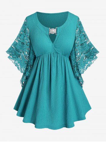 Plus Size Buckle Ruched Lace Butterfly Sleeve T-Shirt - GREEN - M | US 10