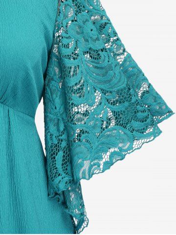 Plus Size Buckle Ruched Lace Butterfly Sleeve T-Shirt