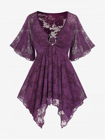 Plus Size Heart Buckle Ruched Lace Handkerchief Short Sleeves T-Shirt - CONCORD - 2X | US 18-20