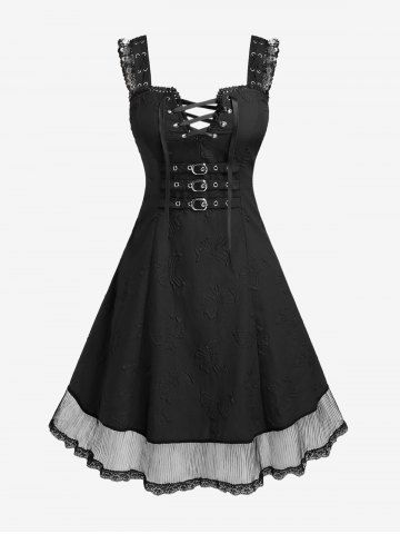 Gothic Butterfly Embossed Lace-up Lace Trim Grommets Sleeveless Dress - BLACK - 4X | US 26-28