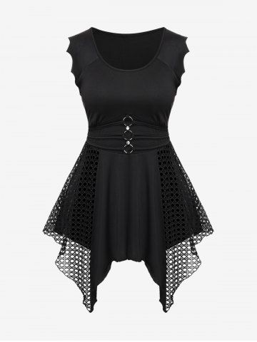 Gothic Fishnet Panel Rings Bat-shaped Sleeve Asymmetrical Top