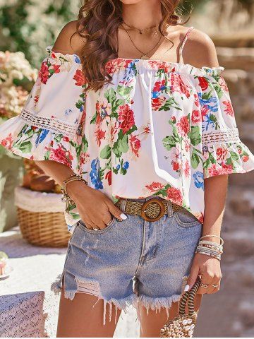 Flower Print Cold Shoulder Lace Panel Flare Sleeve Blouse - WHITE - M