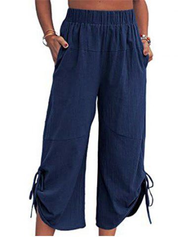 Solid Color Elastic Waist Cinched Loose Pants - DEEP BLUE - M