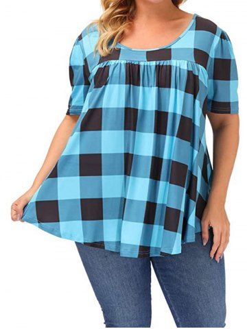 Plus Size Plaid Print Ruched Round Neck Short Sleeve T Shirt - BLUE - 4XL