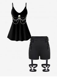 Skull 3D Bead Rhinestone Print Cami Top And Lace-up Rings Garter Shorts Gothic Outfit -  